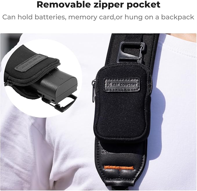 K&F CONCEPT Camera Neck Strap | Soft Neoprene, Adjustable Shoulder Belt, Zipped Pocket, Compatible with Sony/Canon/Nikon/Fuji DSLR SLR Mirrorless - Image 6