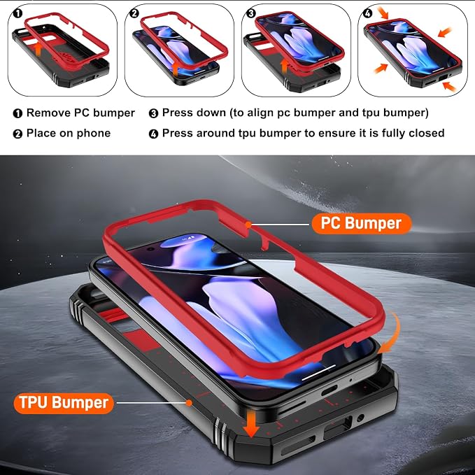 Gritup for Pixel 9/9 Pro Case Military-Grade Shockproof with Kickstand | with 2 PCS Screen Protector, Slide Camera Cover, Heavy Duty Outdoor Protection Funda para Google 9/9 Pro Cover Red+Black - Image 4
