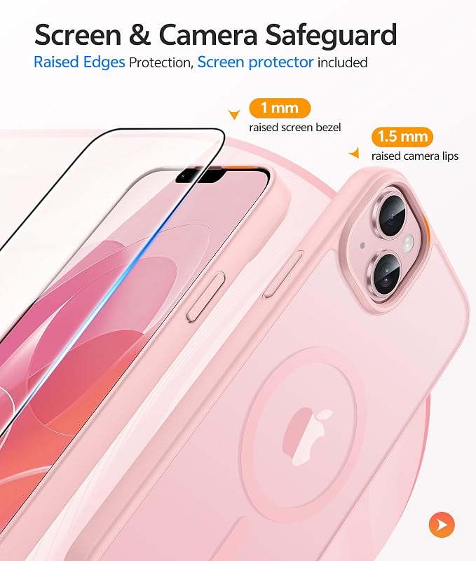 FNTCASE for iPhone 15/14 Plus Case, Fit for Magsafe, Screen Protector | Translucent Matte Magnetic Back, 14FT Military Grade Drop Protection, Shockproof Protective Phone Cover, Light Pink - Image 4