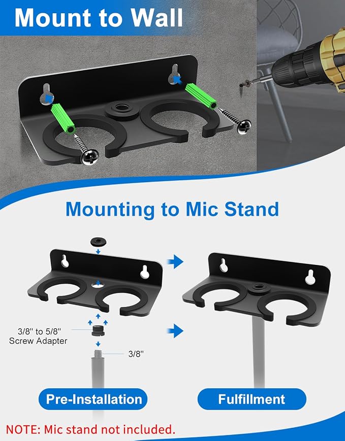 Double Mic Holder for Stand, Wall Mounted for 2 Handheld Wired/Wireless Mic | Multiple Mic Organizer Fits 5/8 & 3/8 Stands, Rubber Pad Protection, Holds 2 Dynamic Mics for Church/Stage/Studio/Podcast - Image 2