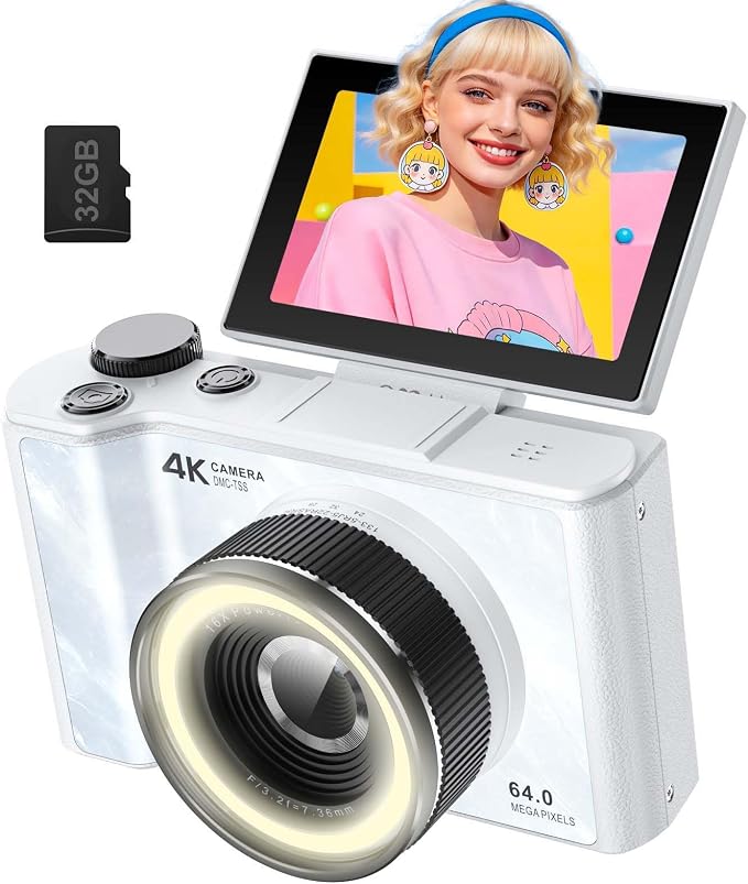 W & O 4K Digital Camera for Photography,Flip Screen Digital Camera for Kids | 64MP Vlogging Camera for YouTube with SD Card,16X Zoom Autofocus,Point and Shoot digital cameras for Teens Beginner,White by WO