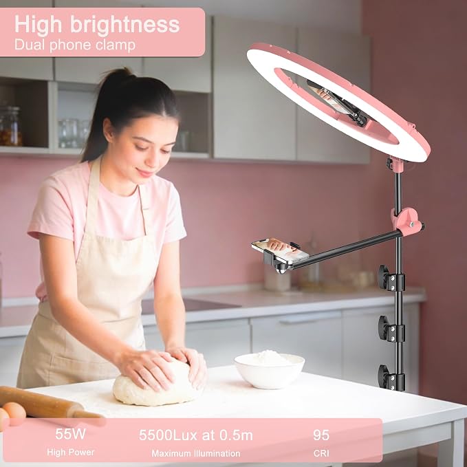 55W18 45cm Ring Light Kit [New Version] 6700K Dimmable LEDRinglightTripod Stand Dual Phone Holder for iPhone Selfie Makeup LashTattoo Studio Lighting Painting,Photo Video Recording (Pink) - Image 3