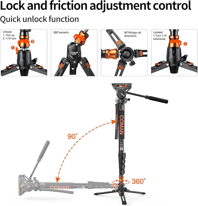 Monopod for Camera, COMAN Camera Monopod with Feet Q6 Fluid Head with Tripod Stand 71.25 inch Max Load 22 Lbs for Photography, Cameras, Canon, Nikon, Sony, DSLR, Video Camcorder - Image 7