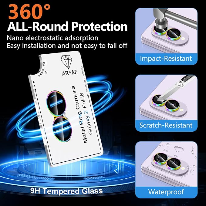 for Samsung Galaxy Z Fold 8 Camera Lens Protector, Individual Metal Ring Tempered Glass Lens Cover, [Strong Adsorption] Scratch Resistant Ultra-Thin HD Clear Lens Cover,1 Set-ColorfulRing - Image 2