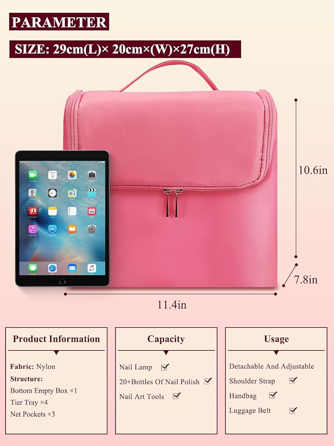 Large Makeup Nail Polish Organizer Bag, Makeup Case Storage Box, Pink | Nail Organizer Case-Adjustable Dividers, Waterproof, Detachable Shoulder Strap, Portable, Multipurpose Storage for Nail Tools - Image 6