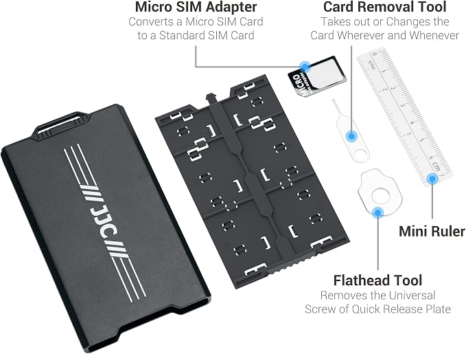 Aluminum Pop up Memory Card Case for 12 Micro SD TF MSD,4 SD,2 Nano SIM/NM Cards,Anti-Shock Anti Scratch,Comes with Carabiner, Flathead Tool,Micro SIM Adapter,Card Remove Tool and Mini Ruler (Black) - Image 6