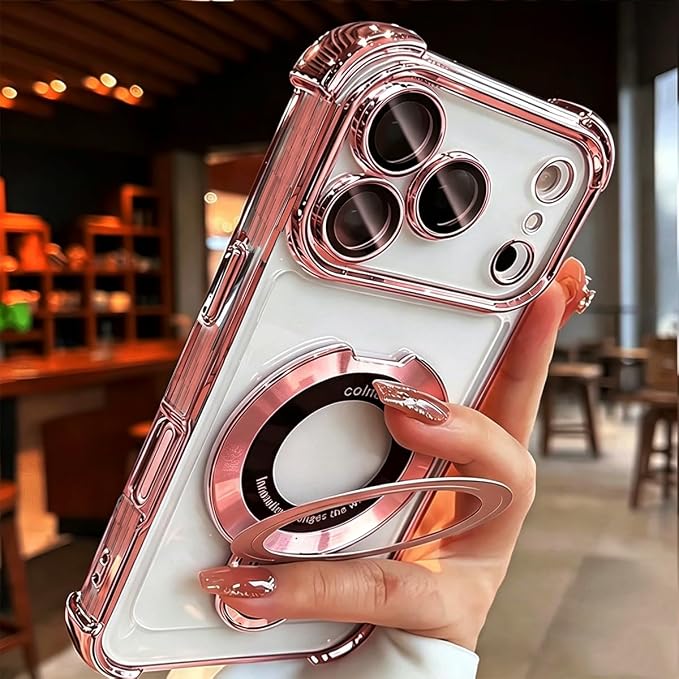 for iPhone 17 Pro Max Clear Case with Magnetic Ring Stand, [Compatible with MagSafe] Shockproof Kickstand Plating Soft Case Camera Lens Protector Girls Woman Cover for 17 Pro Max 6.9", Pink by Unknown