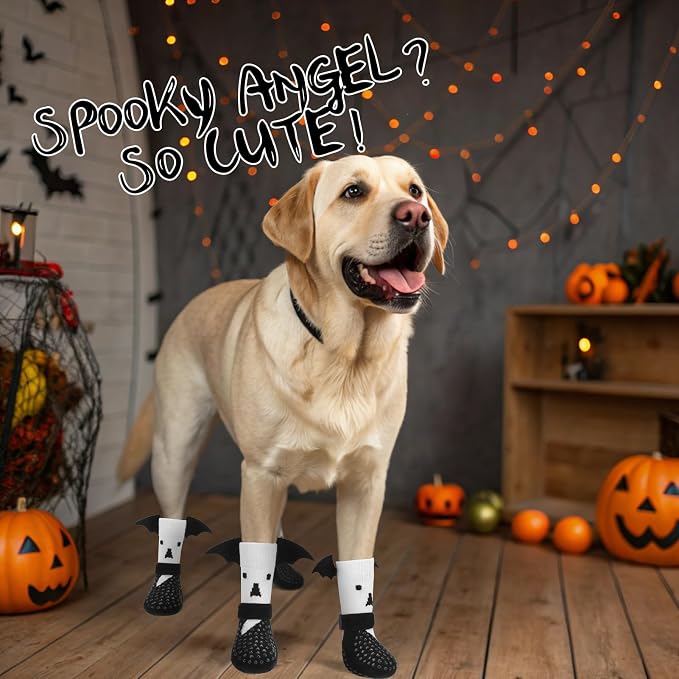 EXPAWLORER Halloween Anti Slip Dog Socks to Prevent Licking Paws, Boots & Paw Protectors with Grippers,Doggie Booties for Hardwood Floors for Small Medium Large Senior Dogs Costume White Ghost Wings S - Image 2