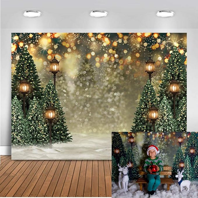Mocsicka 7x5ft Winter Christmas Backdrop for Photography Christmas Glitter Bokeh Green Pine Tree Lamps Photo Backdrop Xmas Family Pictures for Kids Newborn Photography Background by Mocsicka
