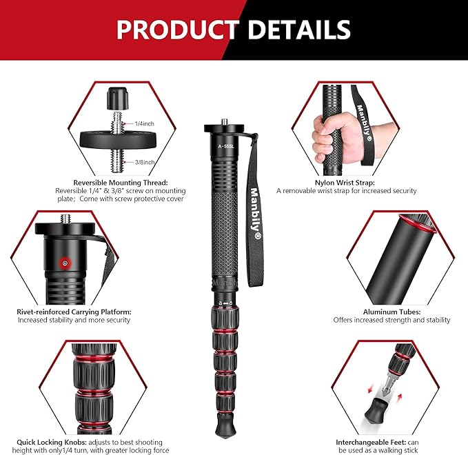 Camera Monopod Aluminum Portable Compact Lightweight Travel Monopod with Carrying Bag Walking Stick Handle,for DSLR Canon Nikon Sony Video Camcorder,6 Sections up to 61-in (A-555L) - Image 4