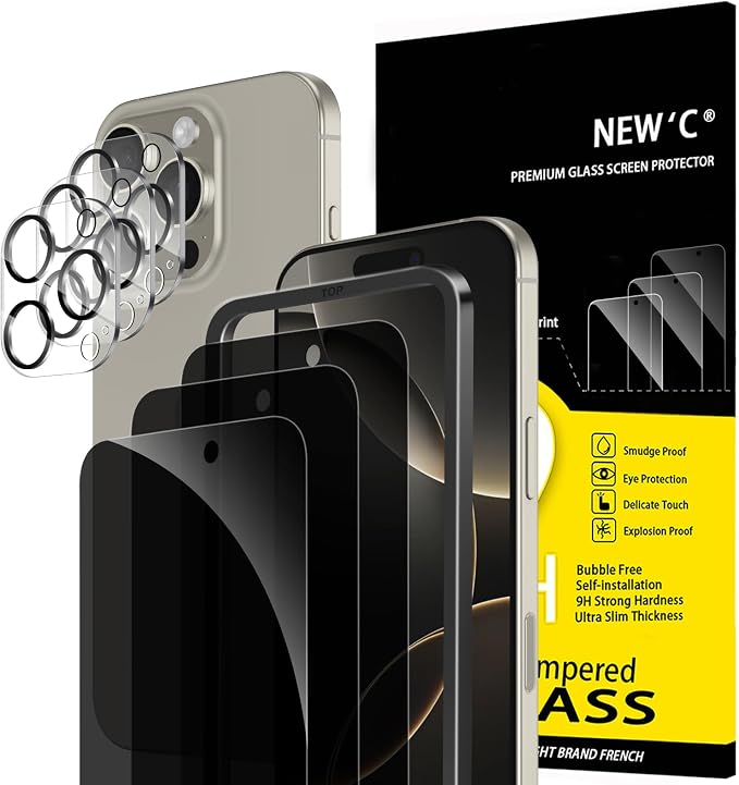 NEW'C 3x Privacy for iPhone 16 Pro Max Screen Protector (6.9 inches)+ 3x Camera Lens Protector, Sensor Protection, Case Friendly Tempered Glass Film + Dust Plug - Easy installation tool included by NEWC