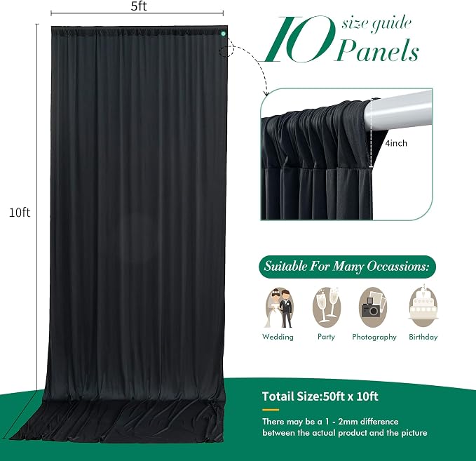 50 ft x 10 ft Wrinkle Free Black Backdrop Curtain for Parties, 10 Panels Polyester Black Photo Backdrop Drapes for Graduation Birthday Wedding Party Stage Curtains, Thick Bulk Background Curtains - Image 5