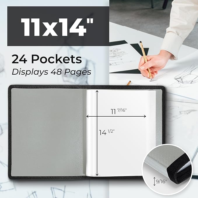 Dunwell 11x14 Art Portfolio Binder, 24-Sleeve, Mounting Paper, Silver | 24 Clear Sleeves, Displays 48 Pages, Mounting Paper Included, Artwork Storage, Acid-Free Poly Protection - Image 2