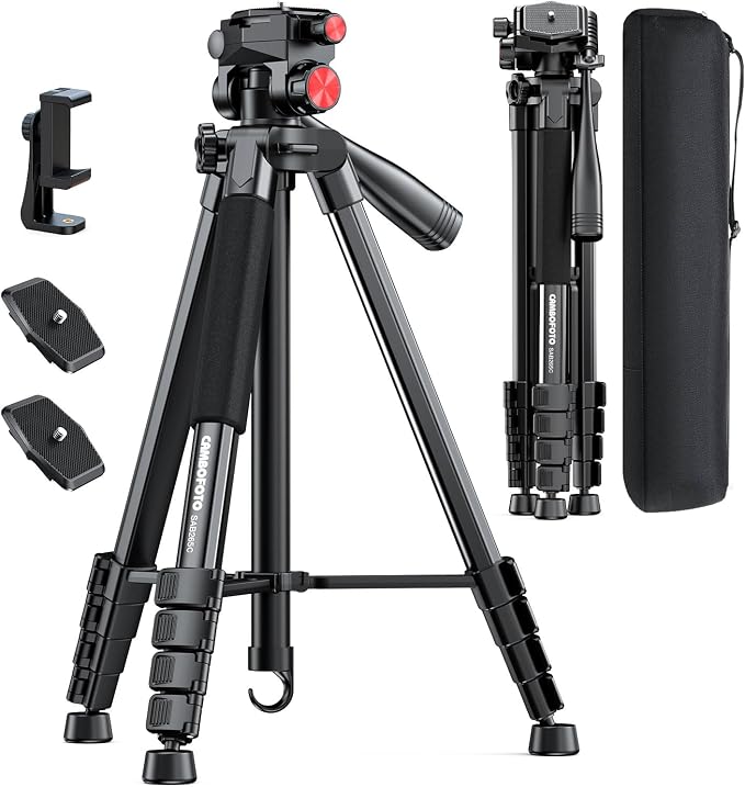 CAMBOFOTO 72" Camera Tripod for DSLR and Cell Phone, Pan Head, Aluminum | Portable Tall Tripod Stand with Phone Holder &Quick Release Plate, Compatible with Canon iPhone for Live Video Vlog Recording by CAMBOFOTO
