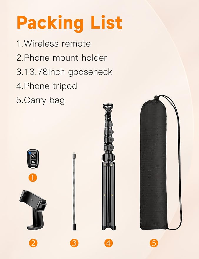 Phone Tripod, 86" Tall Tripod for iPhone with Flexible Gooseneck & Remote | Portable Aluminum Cellphone Stand for Selfies, Video Recording,Travel, Compatible with iPhone Android - Image 8