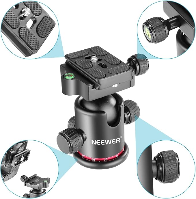Neewer Professional Metal 360 Degree Rotating Panoramic Ball Head with 1/4 inch Quick Release Plate and Bubble Level,up to 17.6pounds/8kilograms,for Tripod,Monopod,Slider,DSLR Camera,Camcorder - Image 2
