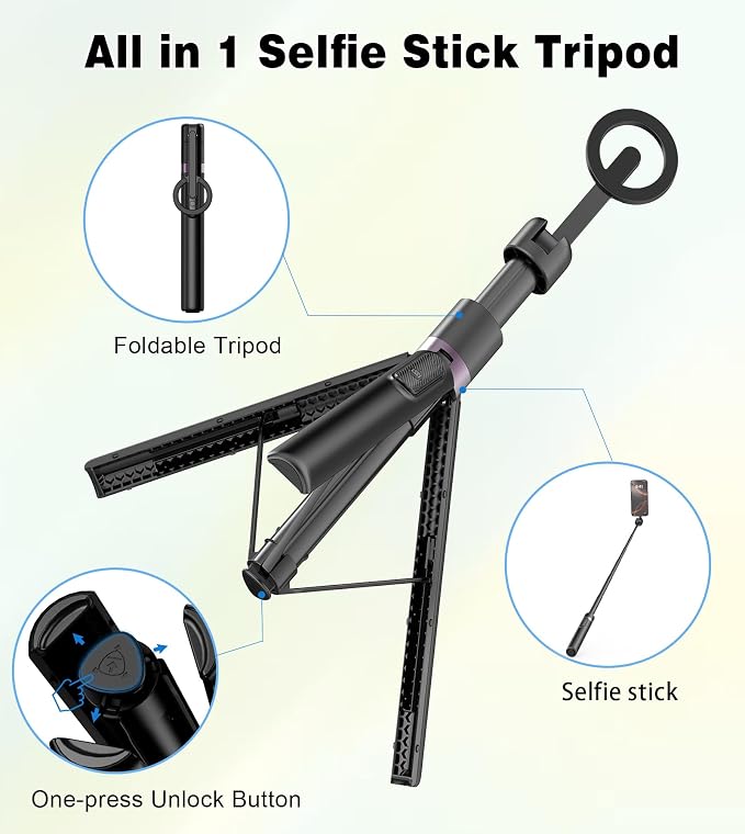 TONEOF 68" Magnetic Aluminum Phone Tripod Selfie Stick for iPhone & Android | Rechargeable Remote,360° Rotatable Foldable Cell Phone Stand Holder with Metal Ring,Travel Tripod for Magsafe (Black) - Image 8