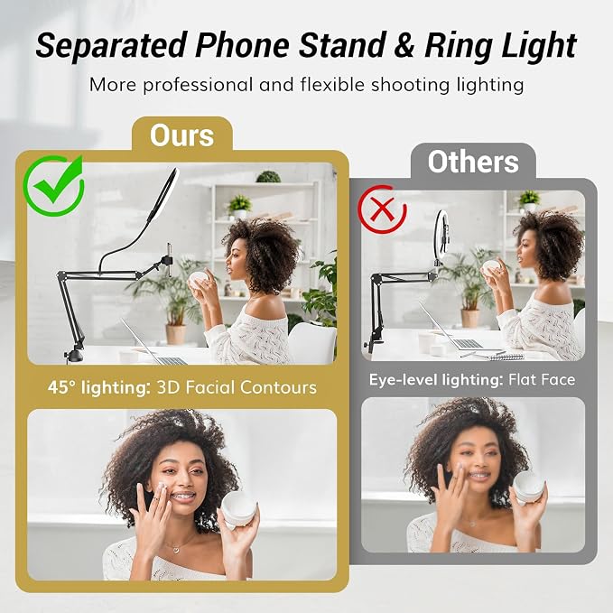 TONOR Overhead Ring Light Kit, 10" Ringlight with Heayy Duty Boom Arm and Phone Holder, Adjustable Angle, Suitable for Video Recording, Live Stream, Drawing, Makeup Nail - Image 3