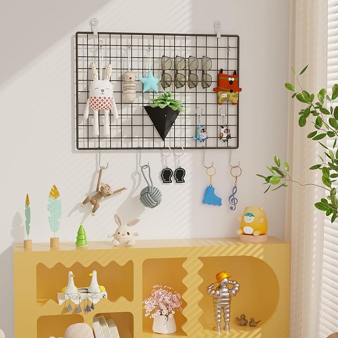 C&AHOME Photo Wall Display Set of 2, Wall Grid Panel, 17.7" x 25.6", Black | Photo Display Shelves, Wall Storagae Organizer, Grid Panel, Hooks, Clips, Hemp Cord, Hammer - Image 4