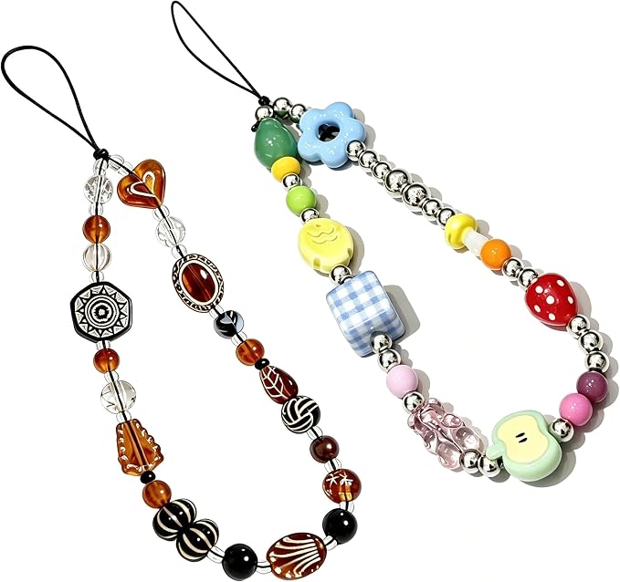 2 Pcs Phone Charm Strap Hand Wrist Strap Camera Lanyard Pearl Beaded Cute Chain String Accessories Universal for iPhone 17 Pro Max 16 15 14 for Samsung Women Girls Keychain Brown Bead and Kawaii Fruit by Casecond