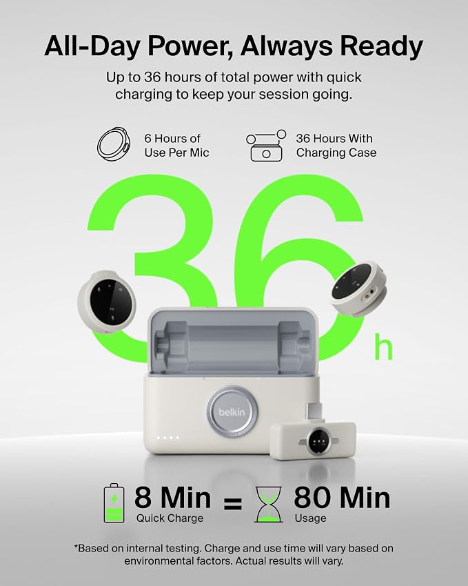 Belkin Stage Wireless Mini Microphone, Dual Lavalier Mic Set, Magnetic | 24-bit/48kHz audio, noise reduction, magnetic clip-on, 36-hour battery, for iPhone, Android, YouTube, vlogging - Image 6