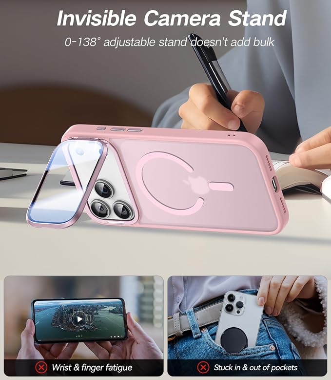 VOFATA [Upgraded Full Camera Protection] for iPhone 17 Pro Case with Camera Cover Stand [Fit for MagSafe][10FT Mil-Grade Protection] Translucent Magnetic iPhone 17 Pro Phone Case, Pink - Image 3