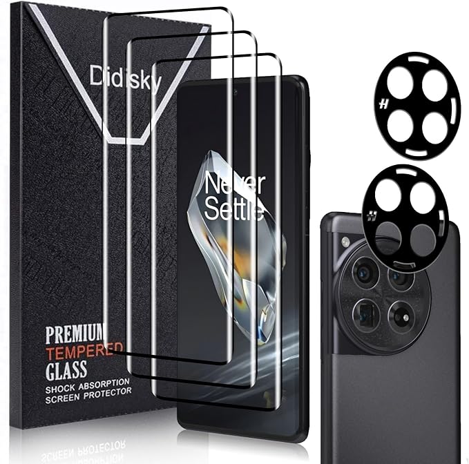 Didisky Screen Protector for Oneplus 12(Not for 12r,12 Pro),3 Pack Tempered Glass Film with 2 Pack Lens Protector,3D Curved Full Coverage, Scratch-Resistant,HD,9H Hardness by Didisky