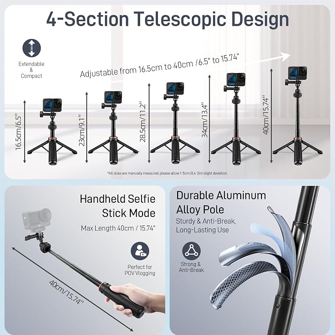 40cm/15.75" Action Camera Selfie Stick Tripod with 360° Ball Head, Extendable Handheld Monopod for Vertical Shooting, Lightweight Vlogging Accessories for GoPro, DJI Osmo Action, Insta360 Ace Pro - Image 3