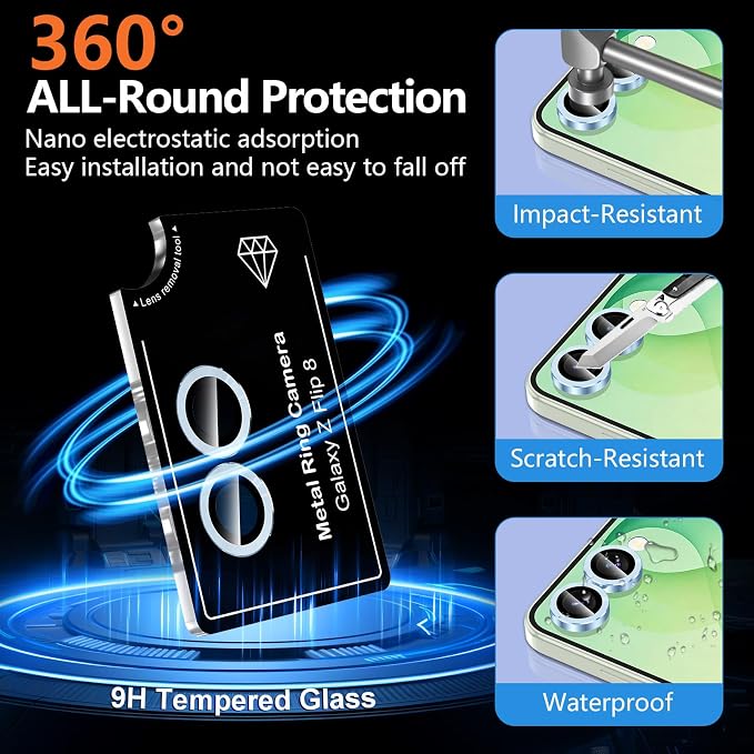 for Samsung Galaxy Z Flip 8 Camera Lens Protector, Individual Metal Ring Tempered Glass Lens Cover, [Strong Adsorption] Scratch Resistant Ultra-Thin HD Clear Lens Cover, 1 Set-Blue - Image 2