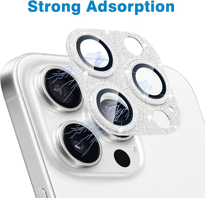 for iPhone 15 Pro & iPhone 15 Pro Max Camera Lens Protector, Bling 3D Rhinestone Diamond 9H Tempered Glass Camera Cover Anti Scratch Shockproof Lens Full Protective Cover -Silver - Image 4
