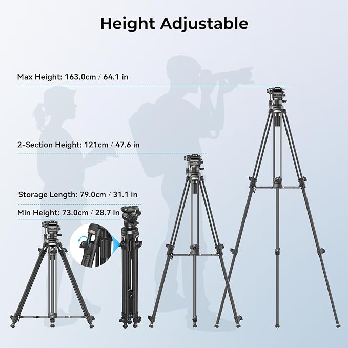 SmallRig AD-50 Carbon Fiber Video Tripod 64" Lightweight Fluid Head | Max. Payload 13.2lb, Step-Less Damping Fluid Head, Detachable Handle, Lift Rope, for Camcorder and Cameras - Image 7