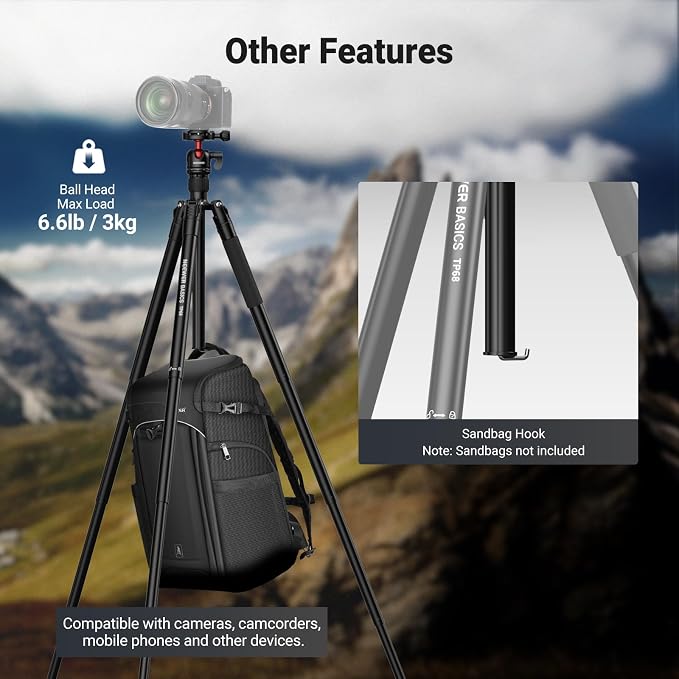 NEEWER Basics 57" Camera Tripod Monopod with Arca Type QR Plate Ball Head & Cell Phone Holder, Compact Portable Travel Stand for iPhone DSLR Camcorder Streaming Video Recording, 6.6lb/3kg Load, TP68 - Image 6
