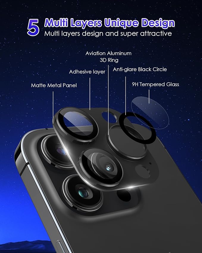 Compatible for iPhone 16 Pro Max/iPhone 16 Pro/iPhone 14 Pro/iPhone 14 Pro Max Camera Lens Protector [Full Coverage Metal] 9H Tempered Glass Camera Cover Titanium Black - Image 3