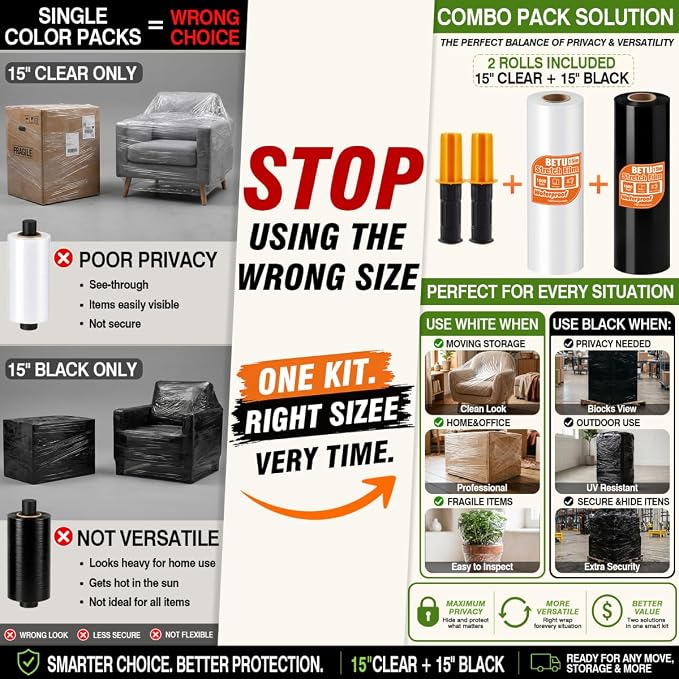 Stretch Film Shrink Wrap Privacy Combo Kit (15" Clear + Black) x 1000 Ft for Moving Supplies, Heavy Duty Plastic Wrap Stretch Roll for Moving Boxes Easy Identification and Privacy Protection - Image 5