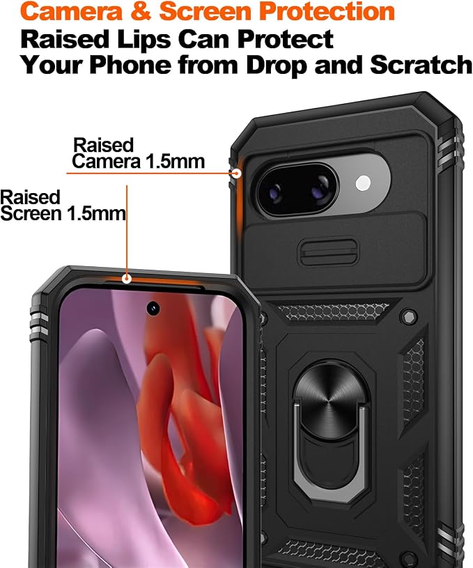 Gritup for Pixel 9A Case Military-Grade Shockproof with Kickstand, Black | with 2 PCS Screen Protector, Slide Camera Cover, Heavy Duty Outdoor Protection Full Body Funda para Google 9 A Phone Cover - Image 4