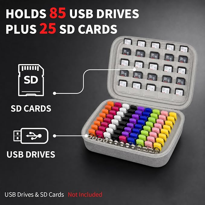 Comecase USB Flash Drive Case, Holds 85 USB Drives and 25 SD Cards | Pre-Cut Foam Fits Mixed Drive Sizes Flash Drive; EVA Shell Protects Data on the Go, Grey, X-Large, Case Only - Image 2