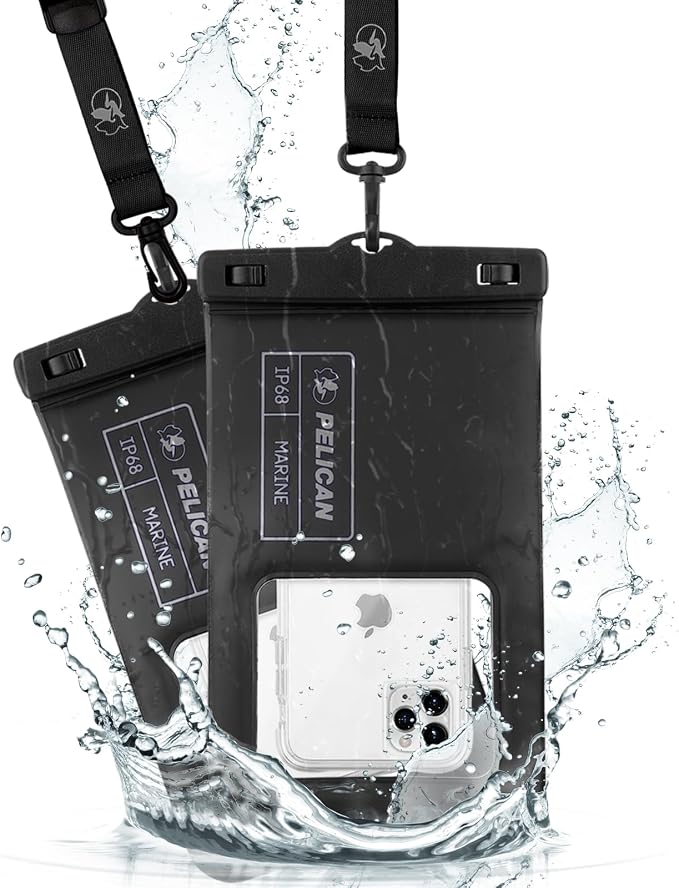 Pelican 2 Pack Marine Waterproof Phone Pouch (XL) - Stealth Black | Touchscreen IP68 Floating Waterproof Phone Case w/Detachable Lanyard - Fits All Phones - Beach Cruise Ship Travel Essentials by Pelican