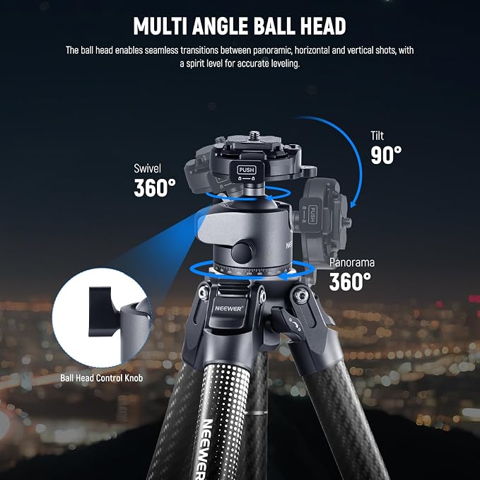 NEEWER LITETRIP LT34 62" Travel Tripod Carbon Fiber with Removable 360° Panorama Head, Center Axis, Fast Flip Buckle, Arca QR Plate Compatible with PD, Max Load 22lb/10kg - Image 2
