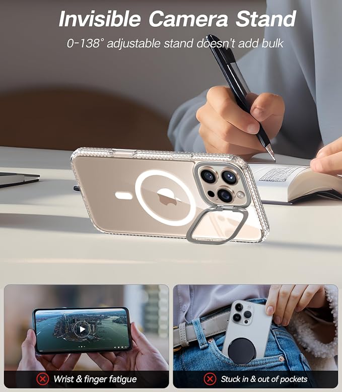 VOFATA [Upgraded] for iPhone 16 Pro Case with Camera Cover Stand [Fit for MagSafe][9H Camera Lens Protector] Mil-Grade Protection Transparent Magnetic iPhone 16 Pro Phone Case, Clear - Image 3