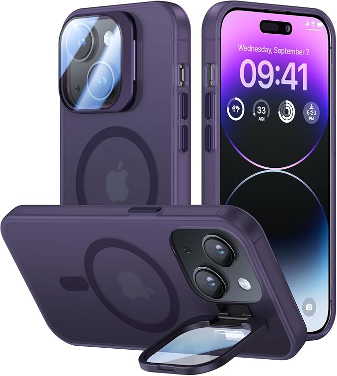VOFATA for iPhone 14 Plus Case with Camera Cover Stand [Built-in 9H Camera Lens Protector][Fit for Magsafe] Military Grade Shockproof Translucent Matte Magnetic Phone Case 6.7",Purple by VOFATA
