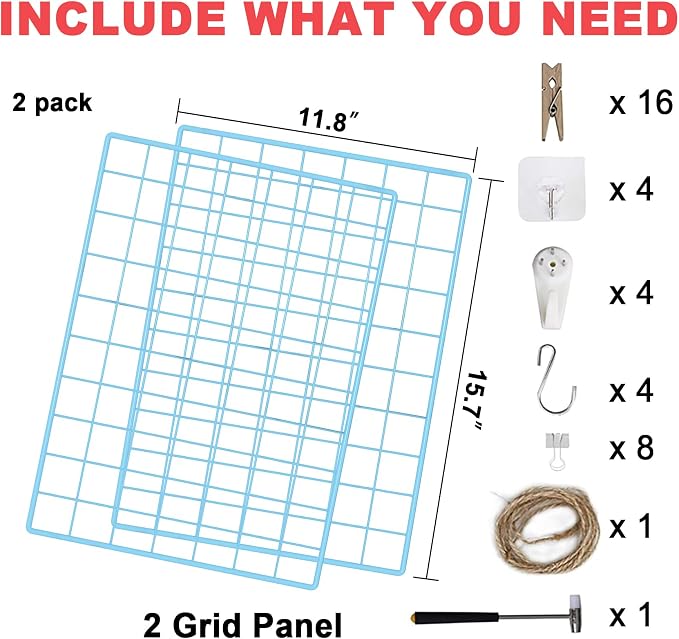 C&AHOME Photo Wall Grid Panel Set of 2, Decor Grid Panel, 15.7" 11.8", Blue | Photo Display Shelves, Wall Storagae Organizer, Hooks, Clips, Hemp Cord, Hammer - Image 4