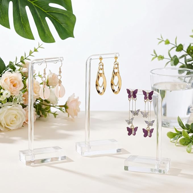 Amabro 3Pcs Clear Acrylic Earring Display Stands Jewelry Holder Stud Hoops | Transparent L-Shaped Earring Organizer Rack Dual Large Holes Hanging Display Holders Studs Tabletop Craft Shows Product Photo - Image 3