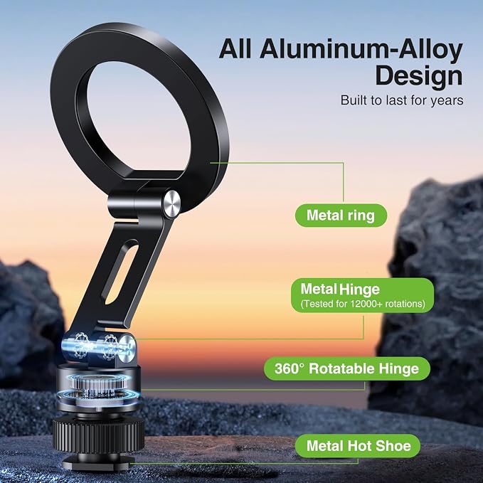 elitehood Magnetic Camera Phone Mount, Magsafe iPhone Tripod Mount | 360° Rotatable Cold Shoe Base, iPhone Tripod Adapter 1/4” Screw & Hot Shoe, 180° Tilt Cell Phone Holder for Tripod Attachment - Image 2