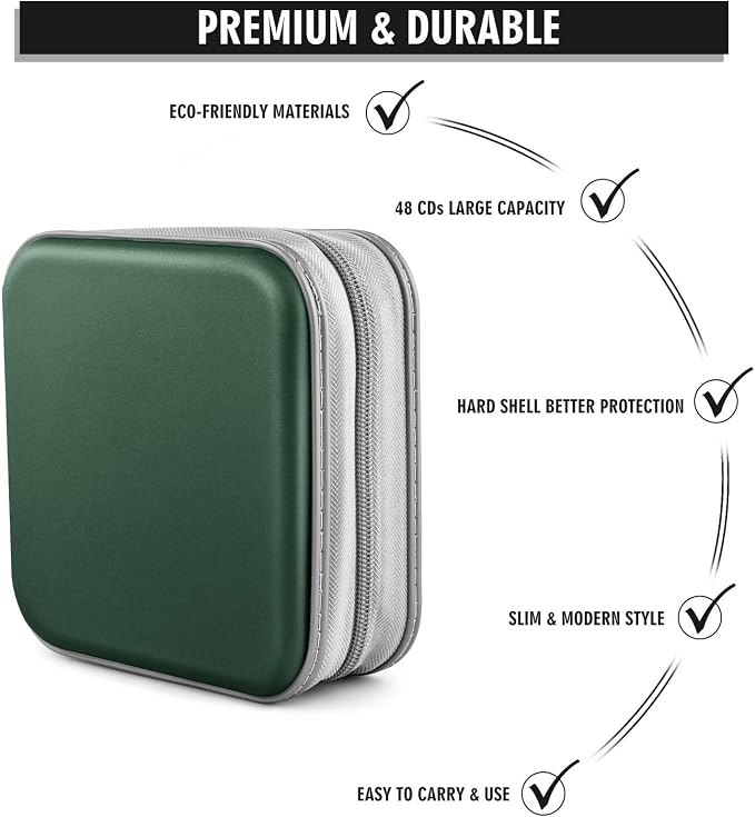 CD/DVD Case Wallet, 48 Capacity, Dark Green, Plastic, Portable Storage Organizer | Zipper‑DVD Organizer, Scratch‑Resistant Sleeves Shield Discs From Dust & Damp; Stores Music, Video, Gaming & Blu‑ray Discs - Image 3