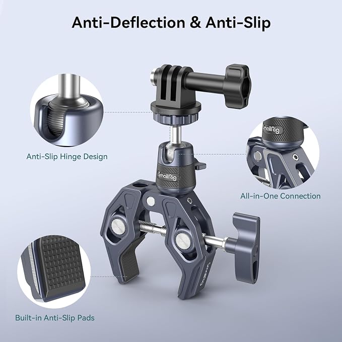 SMALLRIG Camera Mount Clamp, Gopro Motorcycle and Bike Handlebar Mount Kit, Super Clamp for DSLR, Action Camera, Gopro, Insta360, LED Light, Monitor, Max Load 3.5KG - Image 4