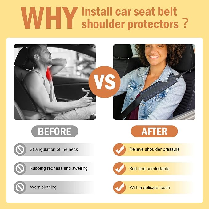 Seat Belt Pads Leather Seat Belt Covers More Comfort Driving Cushion Helps Protect Your Neck and Shoulders Suit for Car, Truck, SUV, Airplane,Camera Backpack Straps Black+Blue-2Pcs - Image 6