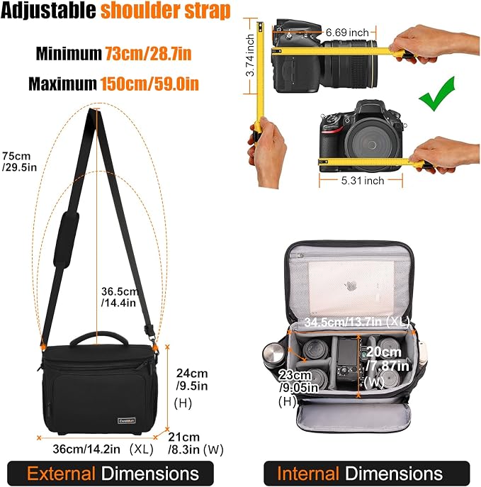 Cwatcun Camera Crossbody Shoulder Messenger Case, DSLR/SLR/Mirrorless Travel Photography Sling Bag with Tripod Holder and Rain Cover for Canon, Nikon, Sony, Fuji Cameras, Lens and Accessories | Fits 1DSLR+3 lenses+12.9" iPad+tripod. 18mm EPE foam, adj ... - Image 4