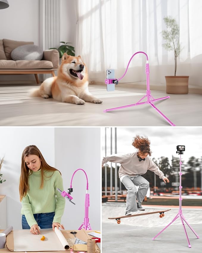 Aureday Phone Tripod, 92" Cell Phone Stand with 15" Gooseneck, Remote and Phone Holder, Overhead & Selfie Stick for Recording/Watching/Vlog, Compatible with iPhone Android, Pink - Image 7