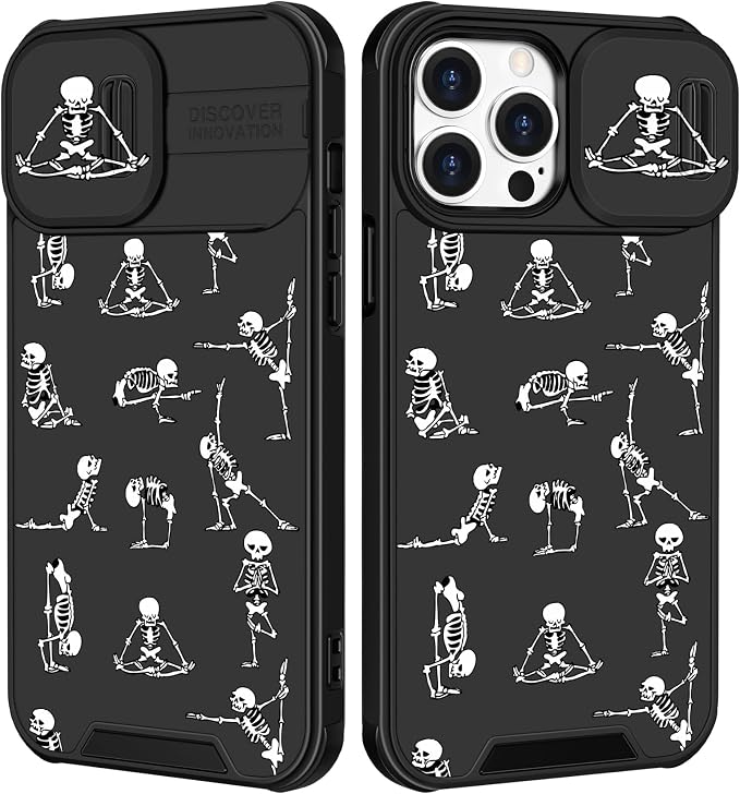 (2in1 for iPhone 12 Pro Max Case Skull for Women Cute Skeleton Yoga Phone Cover Funny Ghost Horror Design with Slide Camera Cover Protective Cool Black Teen Cases for iPhone 12 ProMax 6.7'' by Goocrux
