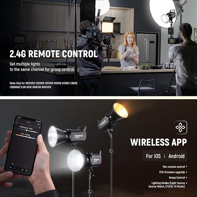 NEEWER FS230B LED Video Light 2.4G/APP Control, 230W Bi Color COB Silent Photography Continuous Output Lighting with 4 PWM Dimming Types, 110000lux/m, 2700K-6500K, CRI 97+, 12 Scenes, Bowens Mount | Silent Photography Continuous Output Lighting, 4 PWM ... - Image 7